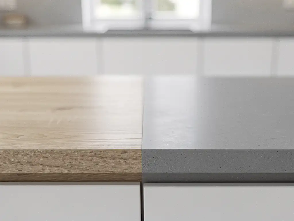 Keukenblad met twee materialen: matte houtnerf laminaat en glad composiet steen in zacht grijs, op een moderne keuken met witte kastjes.