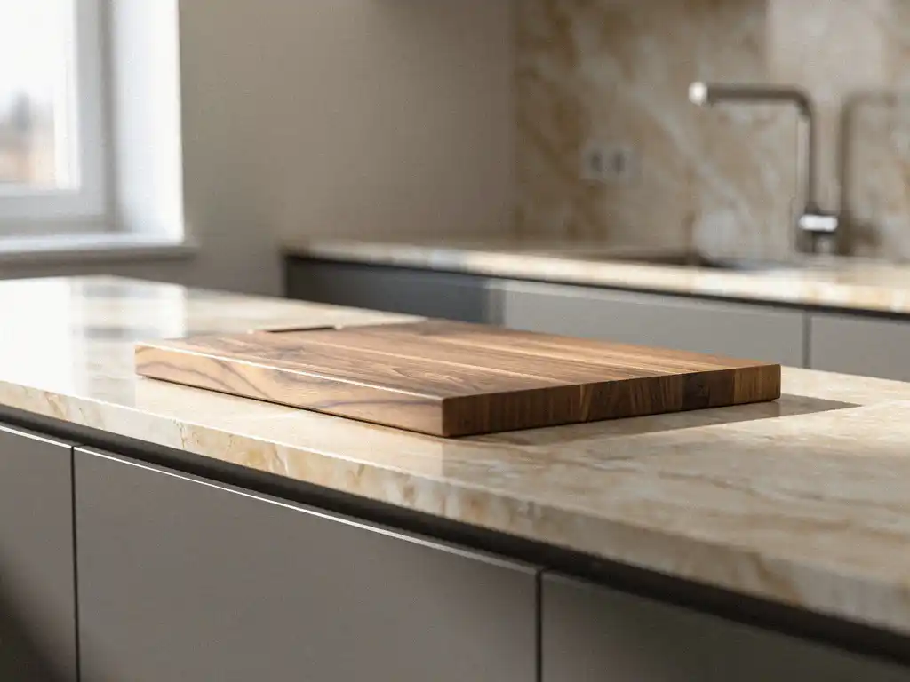 Ivoor stenen aanrechtblad op matte grijze keukenkastjes met houten snijplank en moderne kraan op de achtergrond.