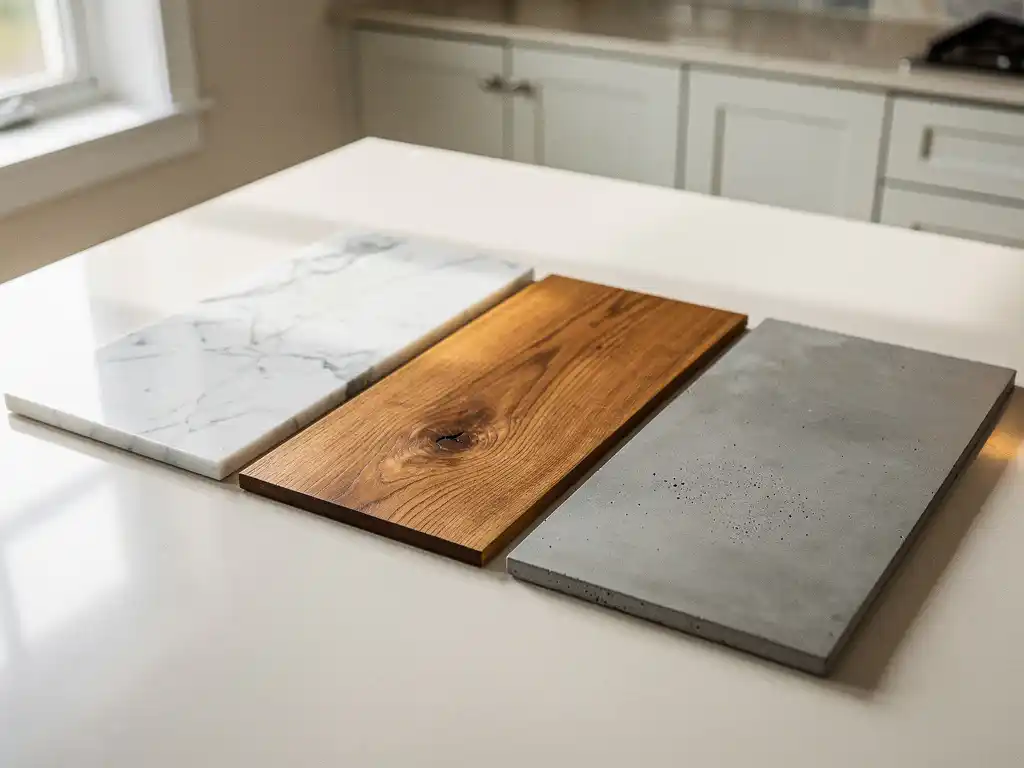 Drie aanrechtblad materiaalstalen — marmer, warm eikenhout en mat beton — naast elkaar in zachte ochtendlicht met witte keukenkastjes op de achtergrond.