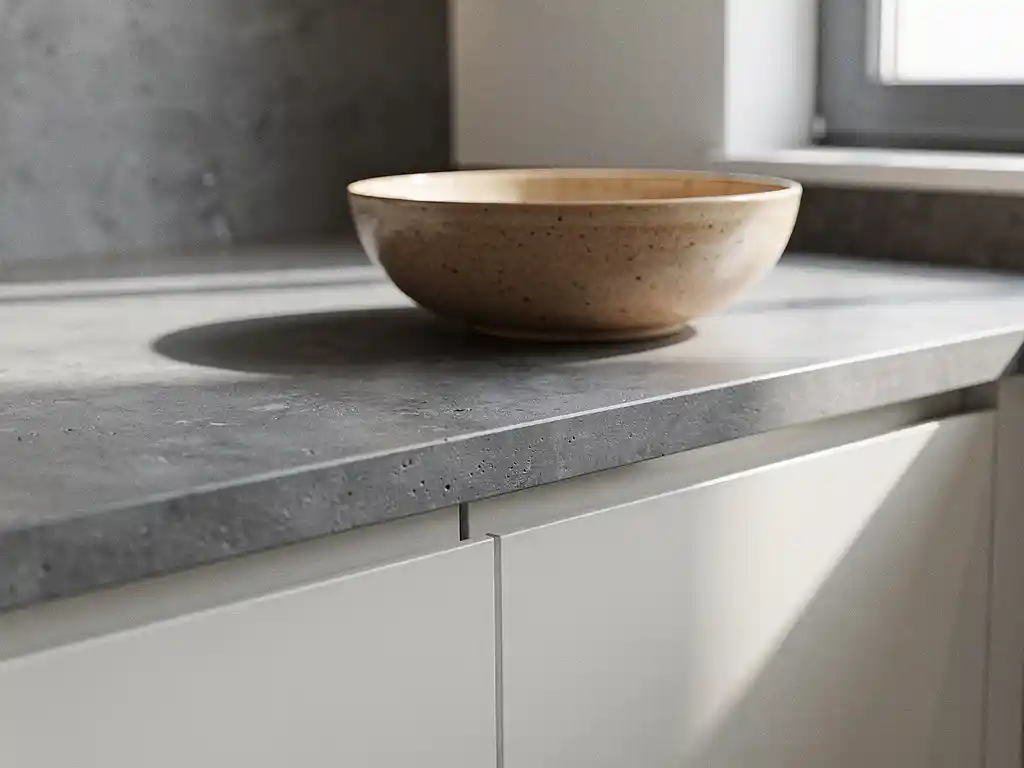 Betonlook keukenblad in koelgrijs quartz op matte kasten, zacht natuurlijk licht met keramische kom op het werkblad.
