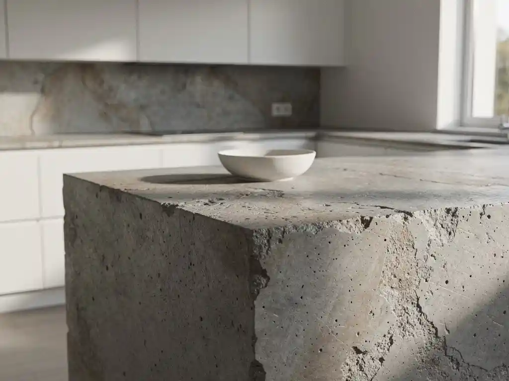 Betonnen aanrechtblad met matte textuur en zichtbaar aggregaat in moderne keuken, keramische kom, zacht natuurlijk daglicht.