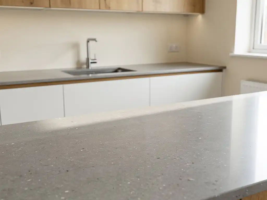 Composiet keukenblad met gladde steenachtige textuur, geïntegreerde spoelbak en moderne kasten in wit en warm eikenhout.