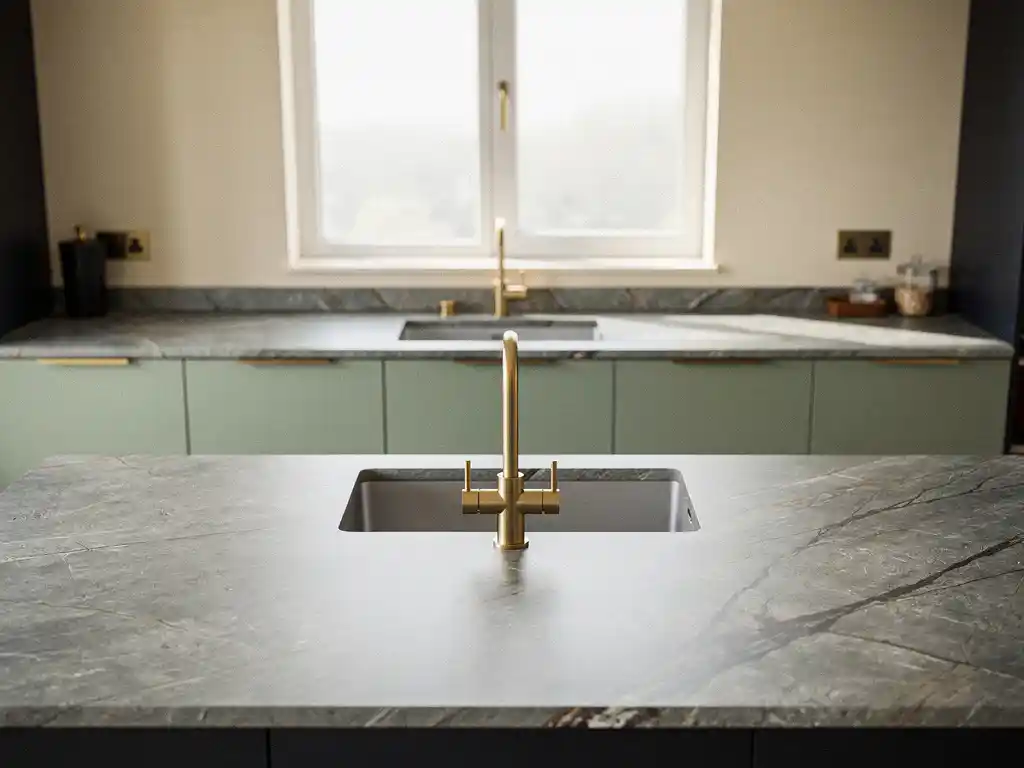 Dekton aanrechtblad met natuurlijke aders, ingebouwde spoelbak en geborsteld messing kraan, saliegroen keukenkastjes op de achtergrond.