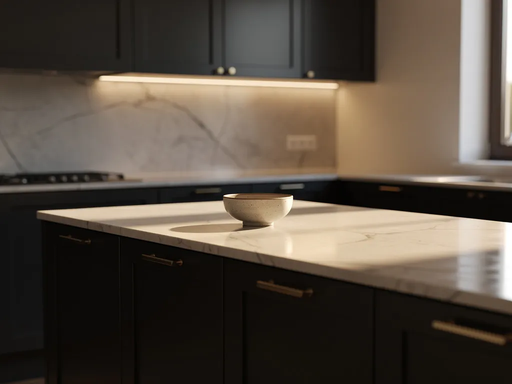 Marmeren aanrechtblad met grijze aders in donkere keuken met houtskoolkleurige kasten, warm onderkastlicht en een keramische schaal.