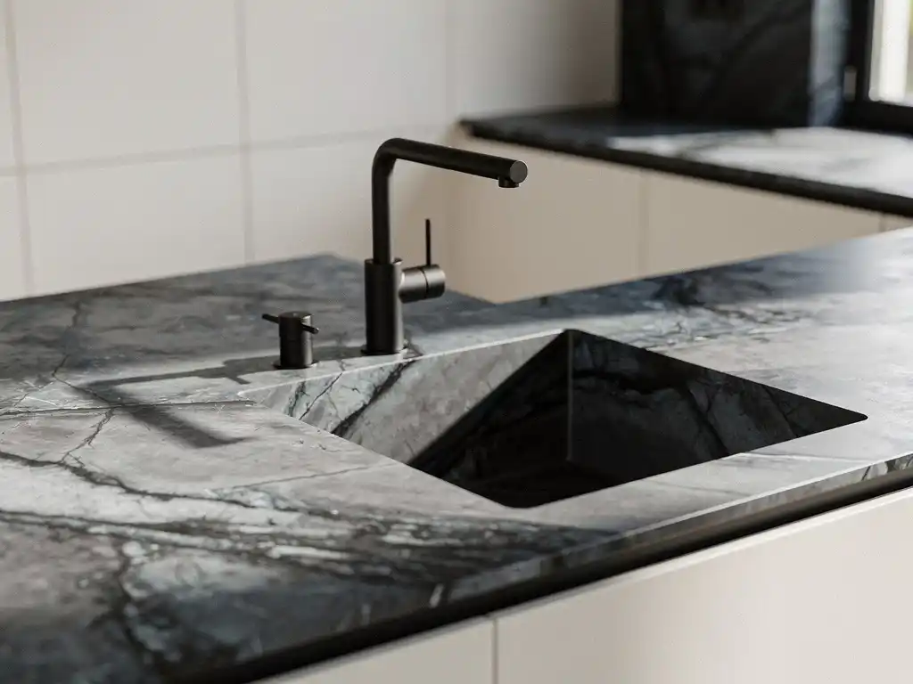 Gesinterde stenen keukenblad met natuurlijke aderingen, ingebouwde onderbouwspoelbak en matte zwarte kraan, moderne witte kastjes op de achtergrond.