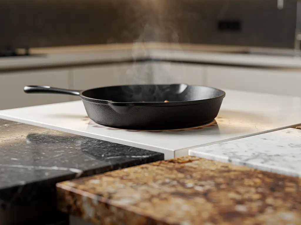 Dampende gietijzeren koekenpan op gepolijst granieten aanrechtblad in moderne keuken met houtloos kastwerk.