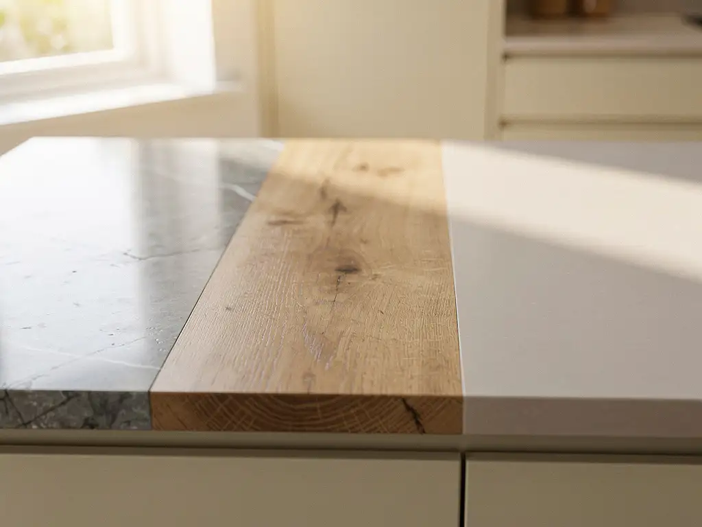 Aanrechtblad met drie materialen naast elkaar: natuursteen, warm hout en matte composiet in een moderne keuken met zacht ochtendlicht.