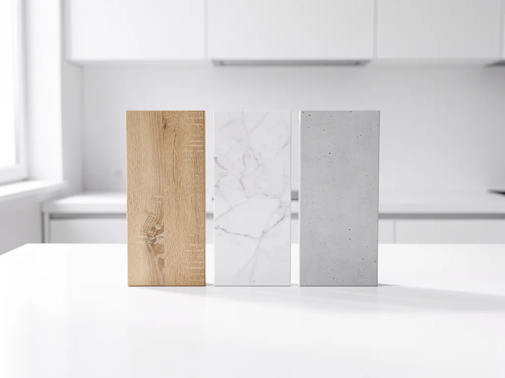 Drie aanrechtblad materiaalstalen naast elkaar: warm hout, marmer met grijze aders en mat beton, op wit keukenblad in natuurlijk daglicht.
