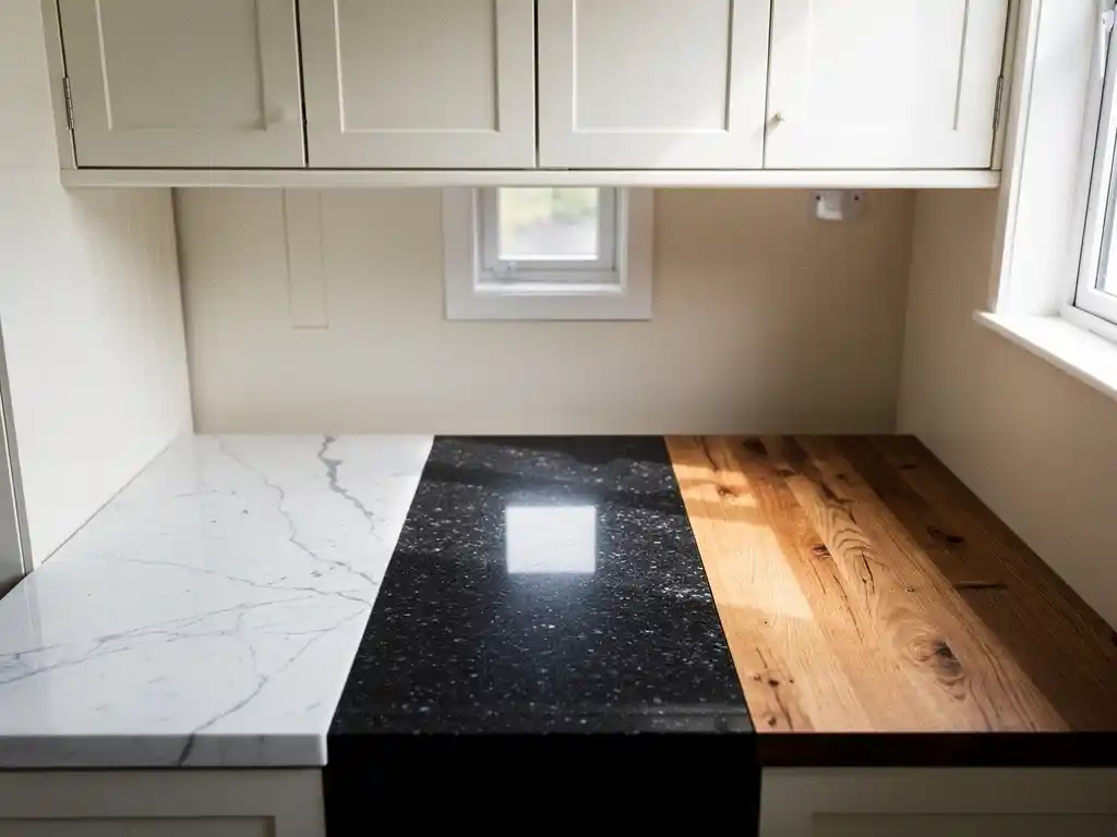 Keukenblad met drie materialen naast elkaar: wit marmer, donker graniet en warm houten butcherblock, verlicht door natuurlijk daglicht.