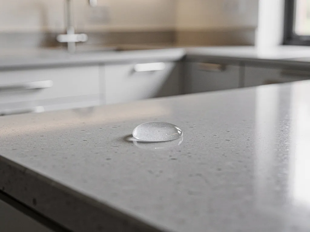 Waterdruppel die parelt op een geseald quartz werkblad met moderne keukenkastjes op de achtergrond.