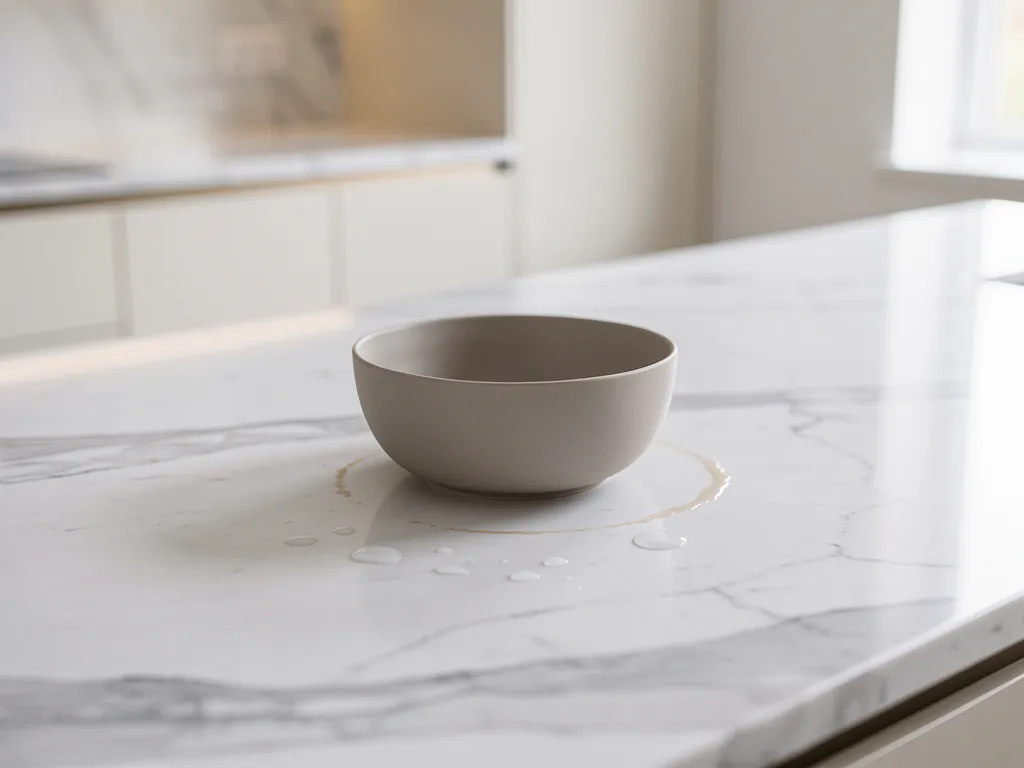 Wit marmeren keukenblad met grijze aders, matte keramische kom en zichtbare watervlekken op het oppervlak.