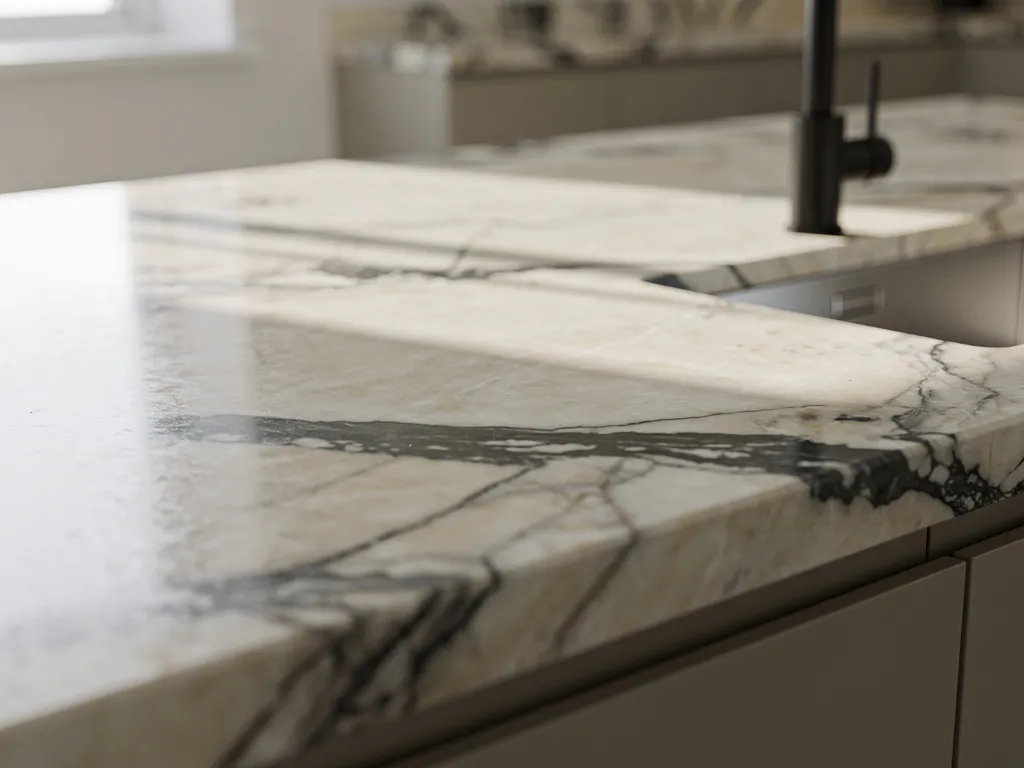 Marmeren keukenblad met natuurlijke aders en gepolijst oppervlak, onderbouwspoelbak en mat zwarte kraan, warm natuurlijk licht.