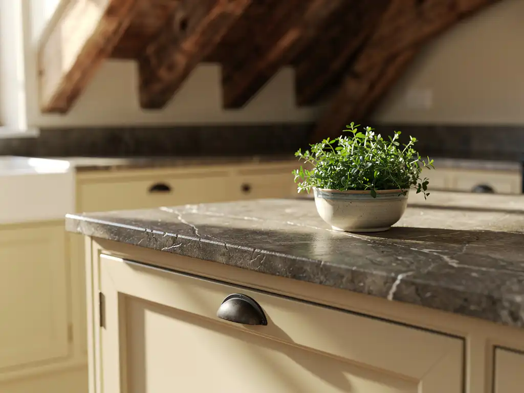 Natuurstenen aanrechtblad met minerale aders op crèmekleurige houten keukenkasten, keramische kom met verse kruiden, houten balken op achtergrond.