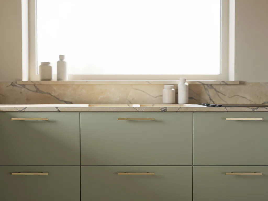 Open keuken zonder bovenkastjes met natuurstenen werkblad in beige en grijs, salie groene onderkastjes en messing handgrepen.