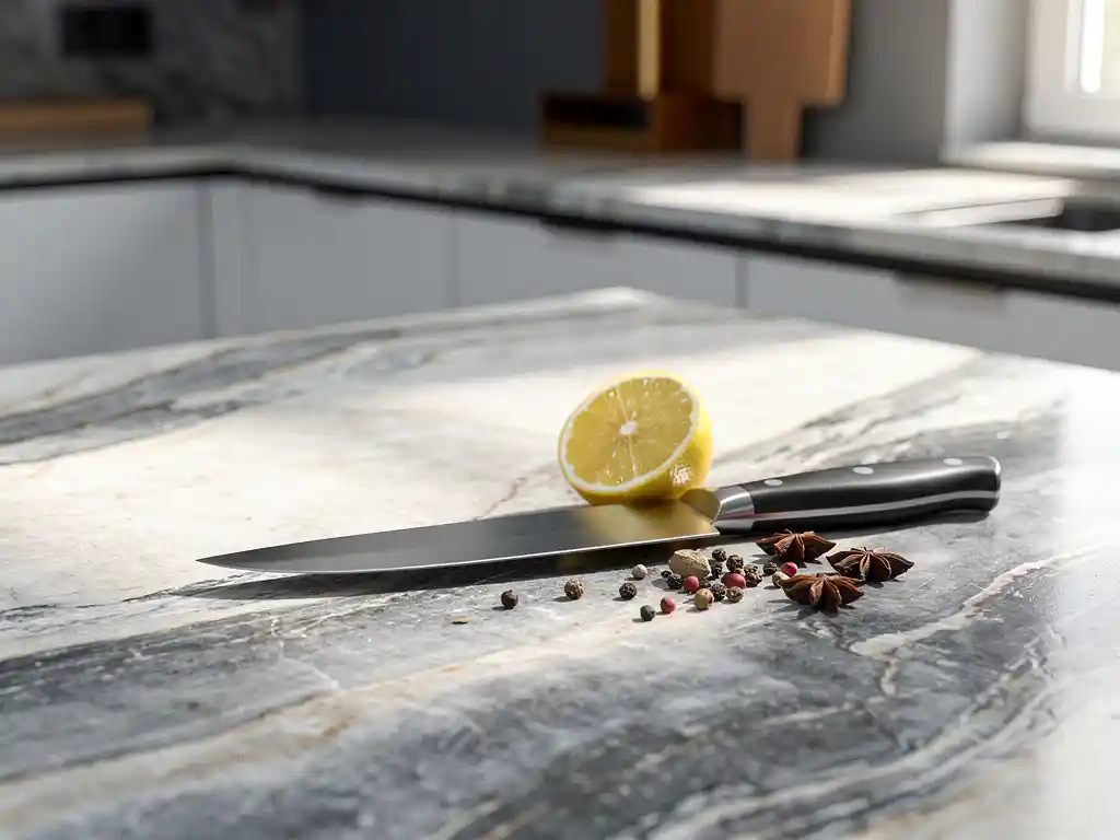 Stenen aanrechtblad met grijze en ivoren aders, een koksmes, gehalveerde citroen en hele specerijen in modern keukeninterieur.