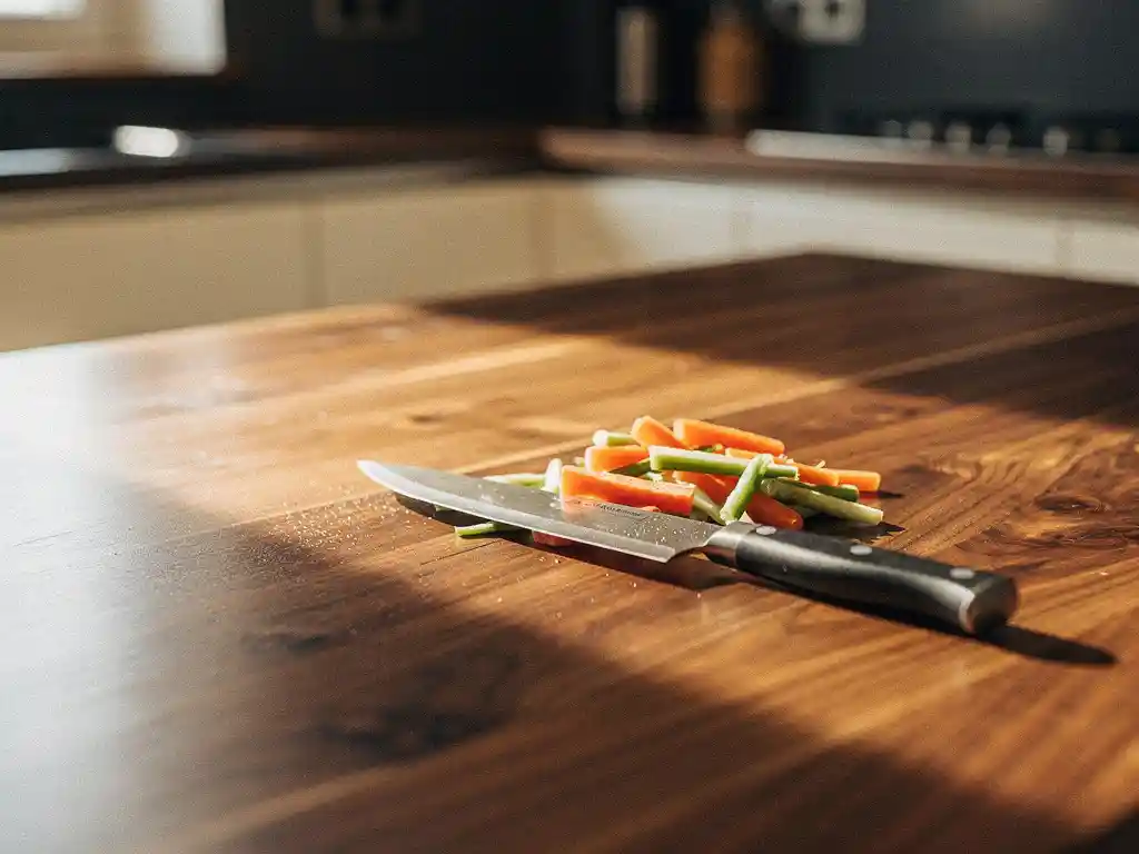 Walnoten aanrechtblad met natuurlijke houtnerf en olieafwerking, een koksmes naast vers gesneden groenten in warme middaglichtval.