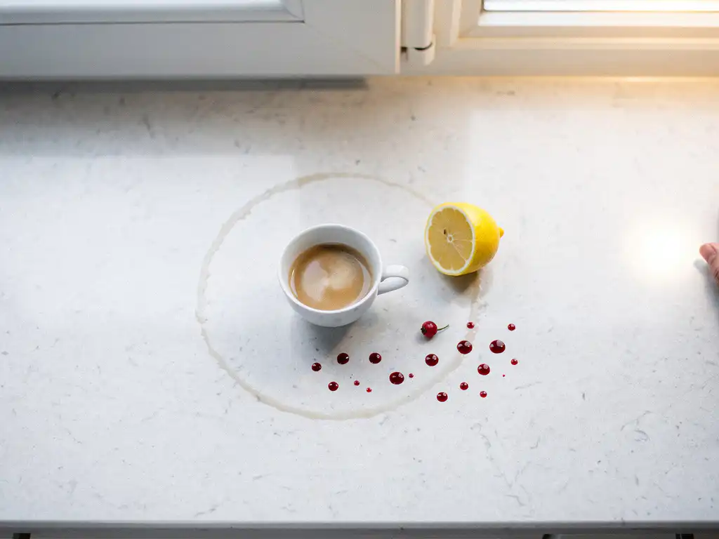 Witte stenen keukenblad met espressovlek, gehalveerde citroen en rode bessensapdruppels in natuurlijk daglicht.